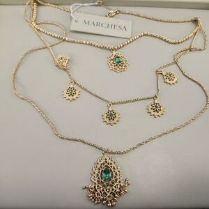 NWT Marchesa Gold-Tone Green Stone Filagree Pendant Necklace